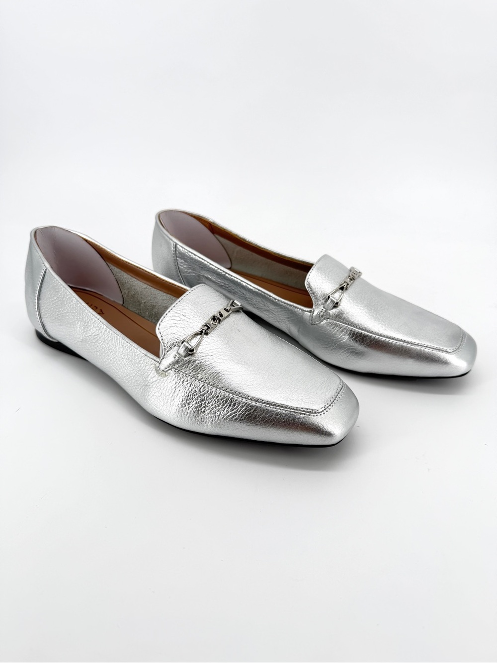 Naturalizer Cecilia Metallic Leather Loafers Square Toe Silver 8.5 Wide NEW